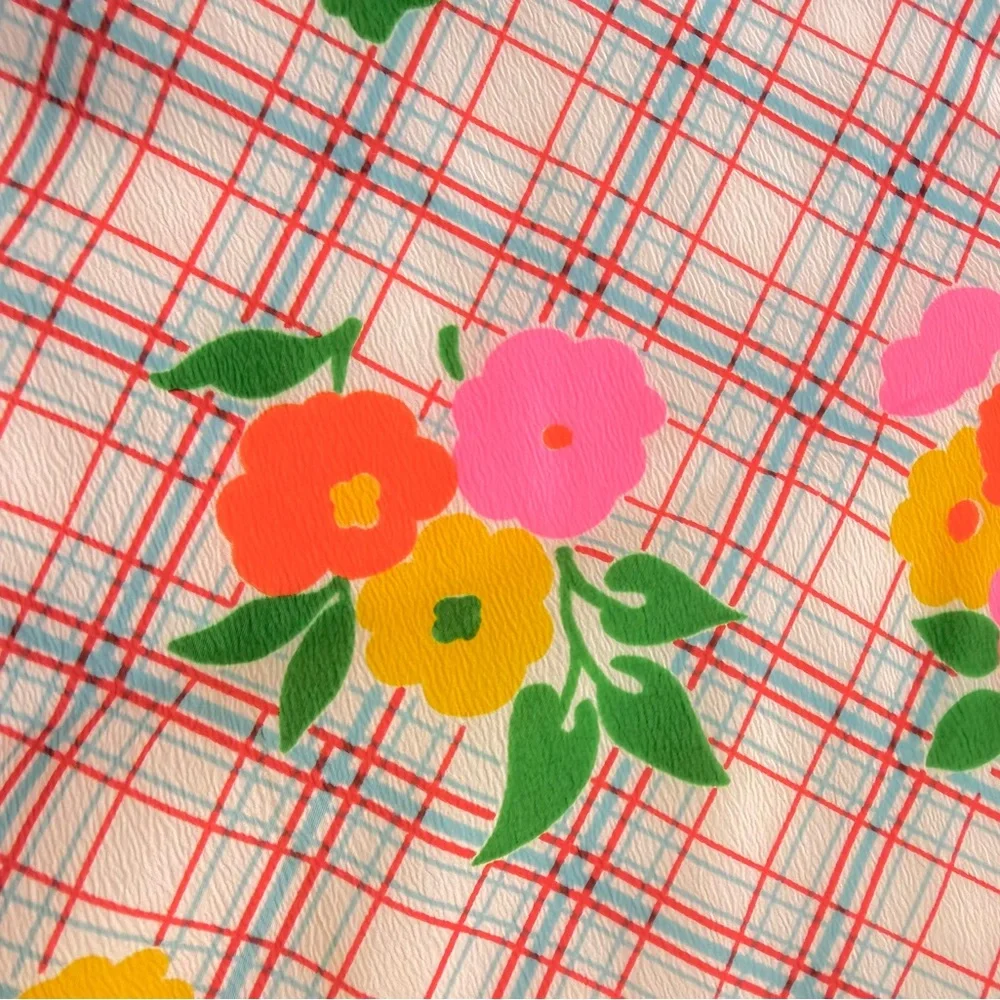 Vintage Rectangular Neck Scarf Bright Floral Grid Plaid Pink Yellow Orange